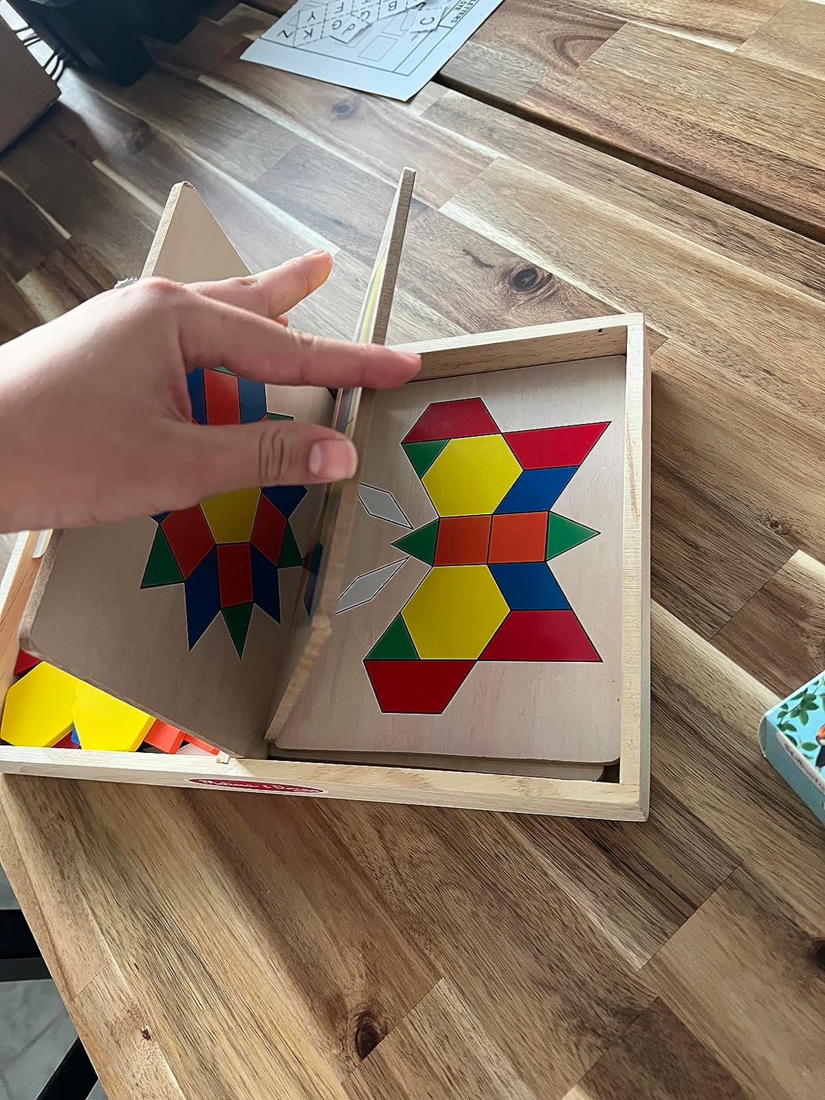 Melissa & Doug Pattern Blocks and Boards with 120 Multi-Colored Wooden Shape Tiles, 5 Double-Sided Puzzle Boards, Tangram Puzzles, Montessori Toys for Girls & Boys customer photo 2