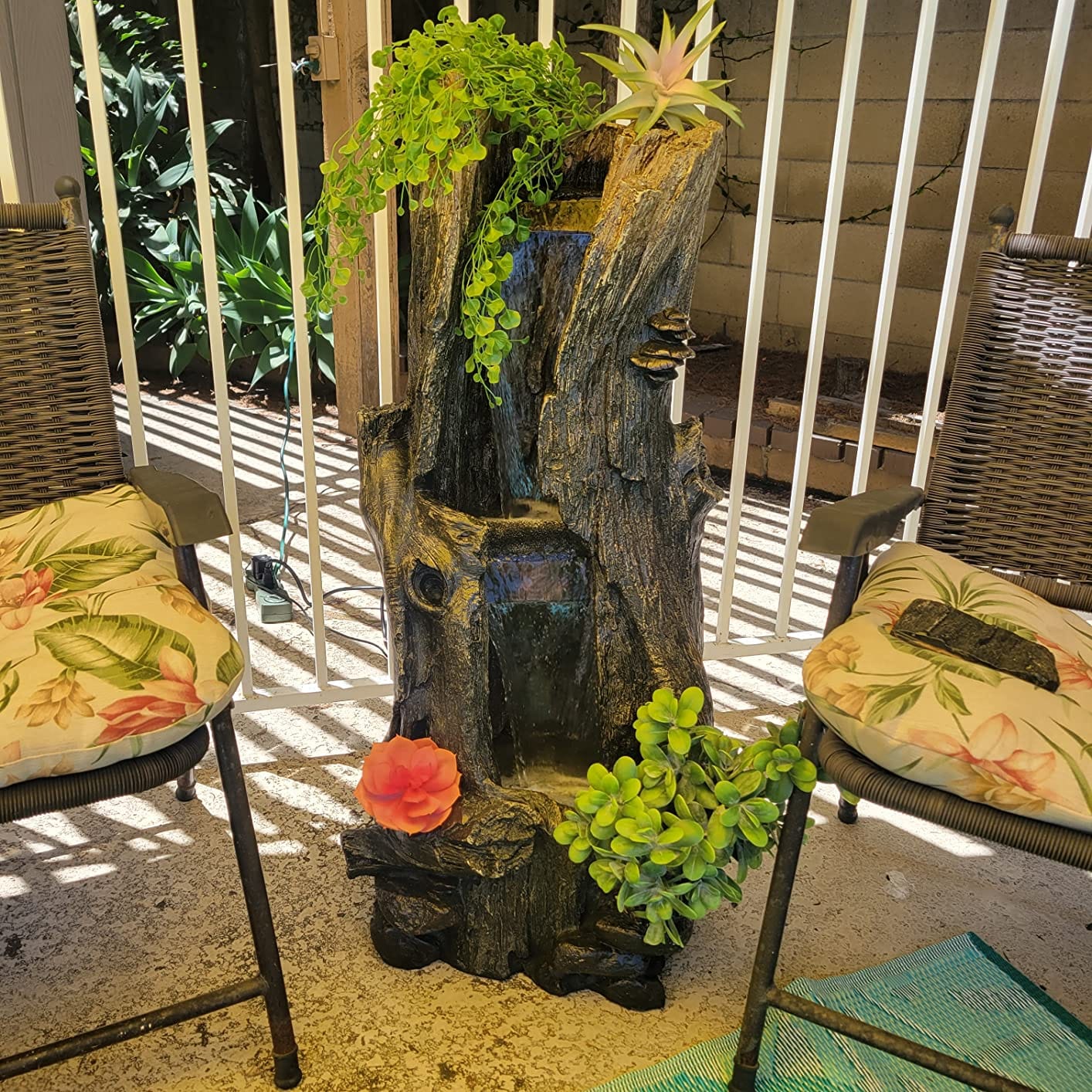 Alpine Corporation WIN258 Outdoor Rainforest Waterfall Tree Trunk Floor Fountain with LED Lights, Tiered Garden Decor, 41