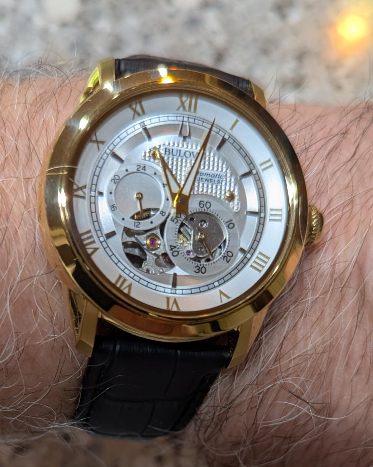 Bulova Men's Classic Sutton 4-Hand Automatic Watch, 24-Hour Sub Dial, Open Aperture, Self-Winding, Exhibition Caseback, Double Curved Mineral Crystal, Luminous Hands, 42mm customer photo 2