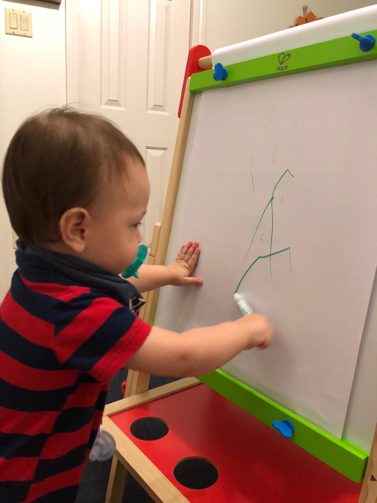 Hape E1010 Magnetic All in 1 Kids Height Adjustable Drawing Dry-Erase Chalkboard Wooden Artist Easel with 3 Paint Pots and Refillable Paper Roll customer photo 2