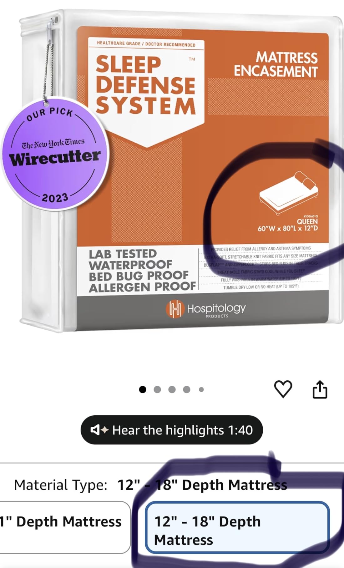 HOSPITOLOGY PRODUCTS Mattress Encasement - Zippered Bed Bug Dust Mite Proof Hypoallergenic - Sleep Defense System - Queen - Waterproof - Stretchable - Standard 12