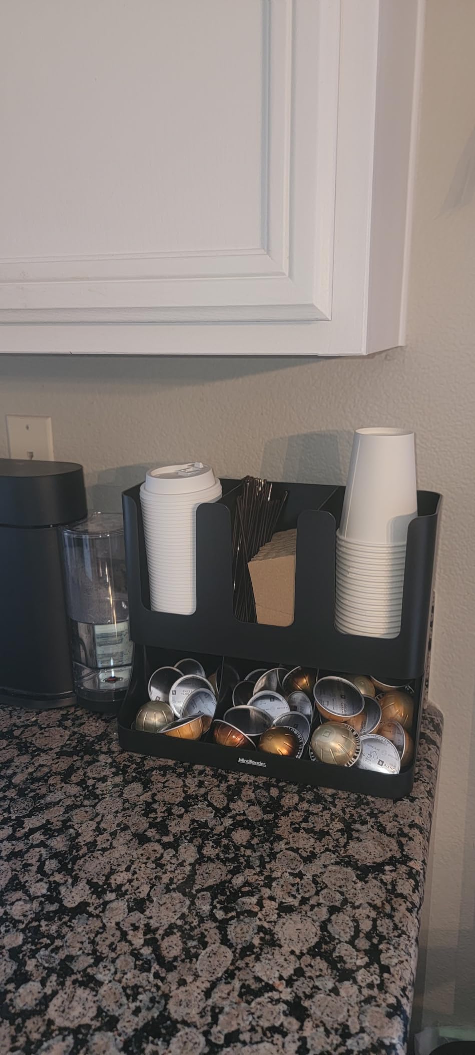 Mind Reader Condiment Station, 13 Inch Countertop Coffee Bar Organizer with 6 Compartments, Storage Caddy for Cups, Lids and Packets, Plastic, Black customer photo 1