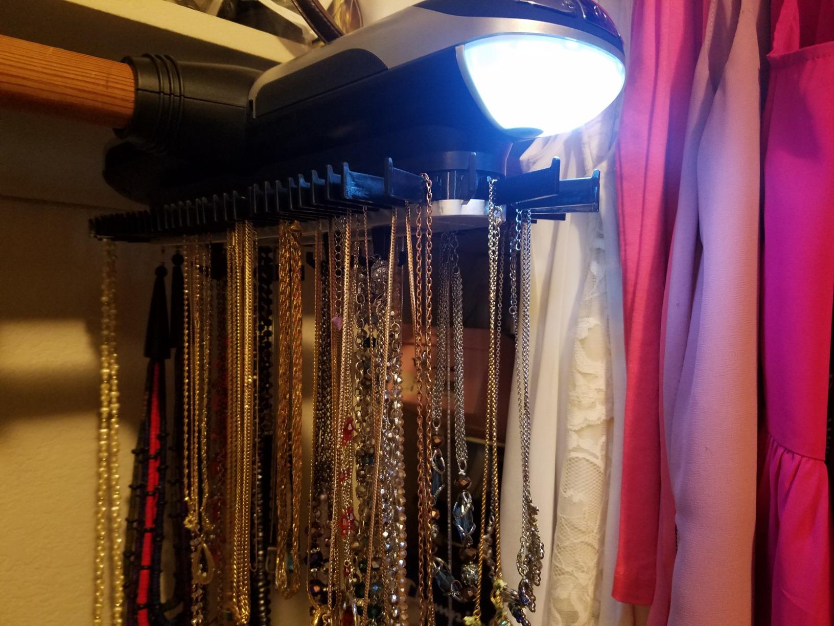 Motorized Tie Rack Closet Organizer with LED Lights Includes J Hooks for Wired Shelving Or Rod Stores Up to 72 Ties & 8 Belts Automatic Rotation Operates with Batteries customer photo 2