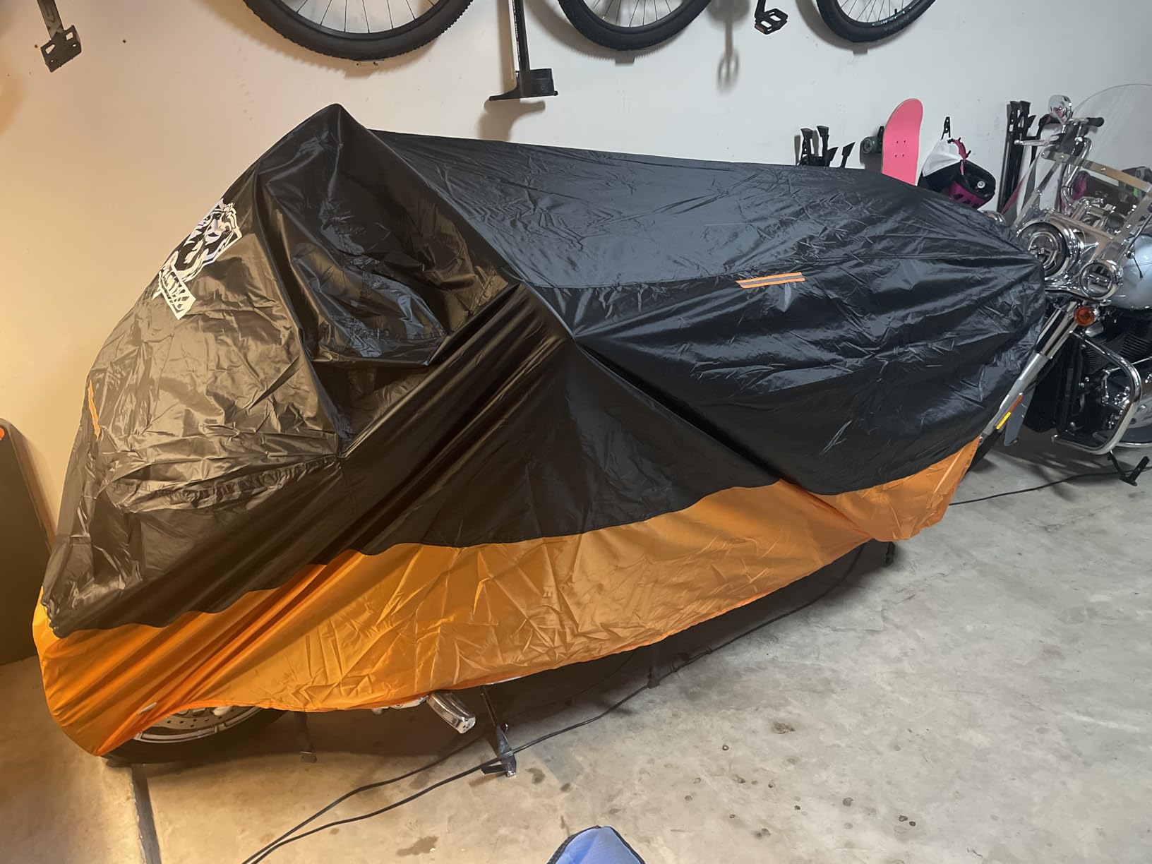XYZCTEM Motorcycle Cover – All Season Waterproof Outdoor Protection | Fits up to 116 Inch Tour Bikes, Choppers and Cruisers – Protect Against Dust, Debris, Rain and Weather (Black& Orange) customer photo 1