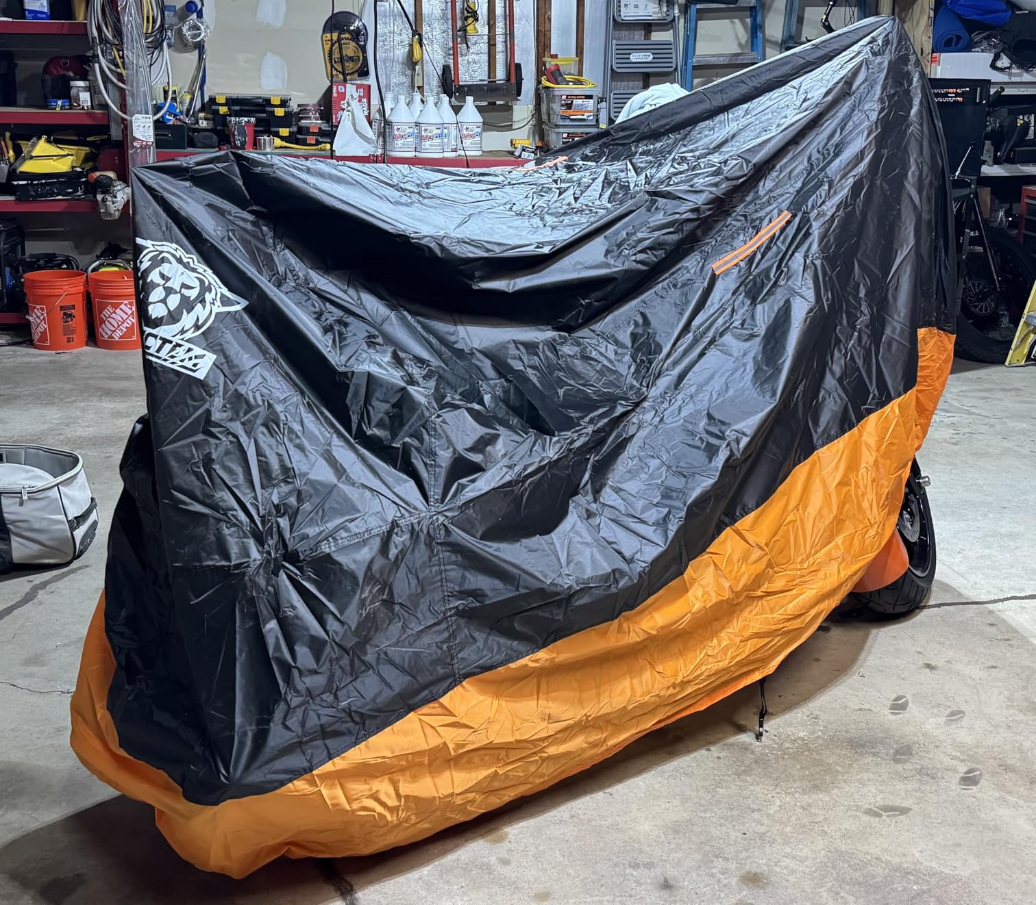 XYZCTEM Motorcycle Cover – All Season Waterproof Outdoor Protection | Fits up to 116 Inch Tour Bikes, Choppers and Cruisers – Protect Against Dust, Debris, Rain and Weather (Black& Orange) customer photo 2
