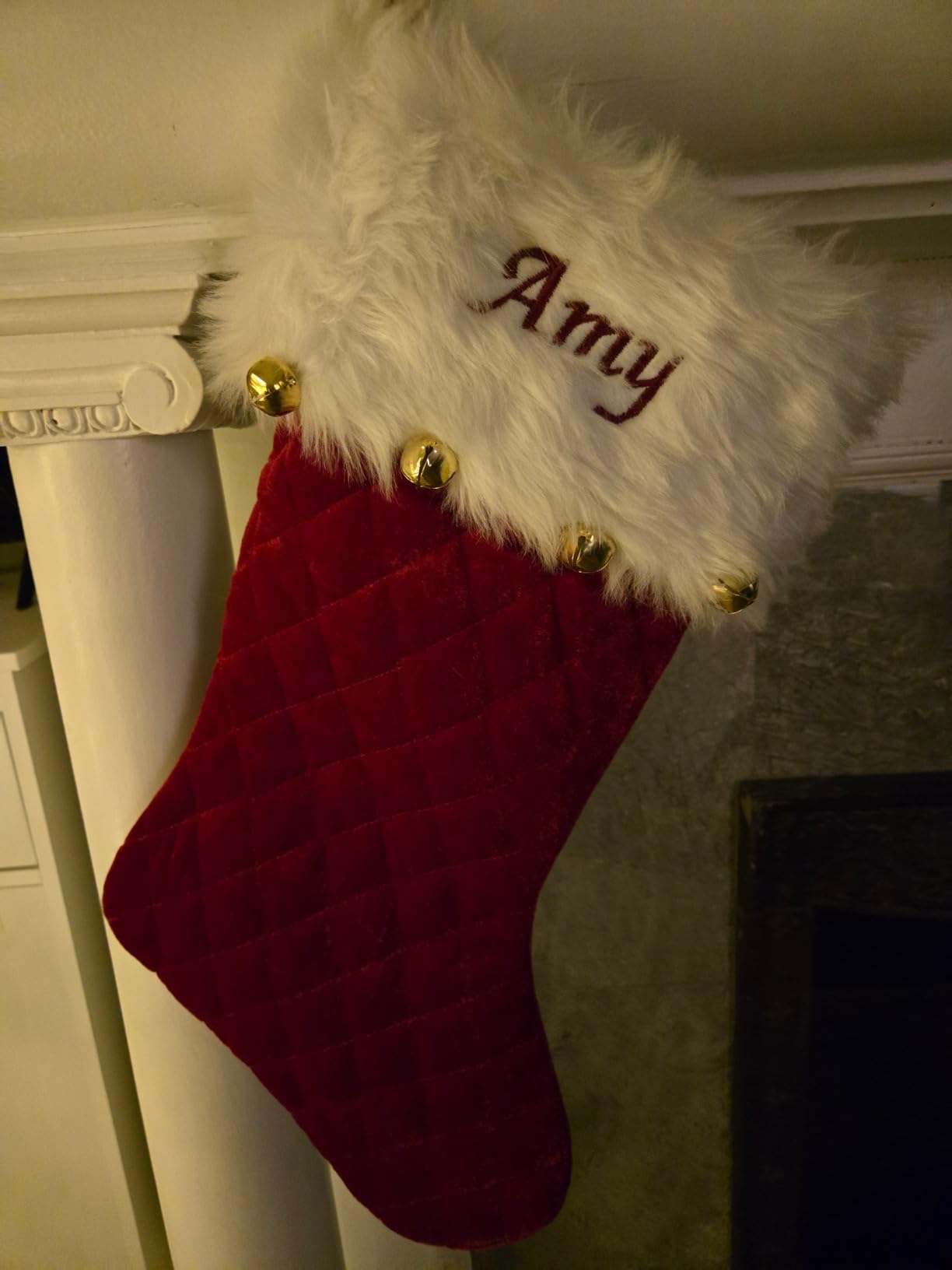 GiftsForYouNow Red Velvet Quilted Personalized Christmas Stocking with Bells, 21