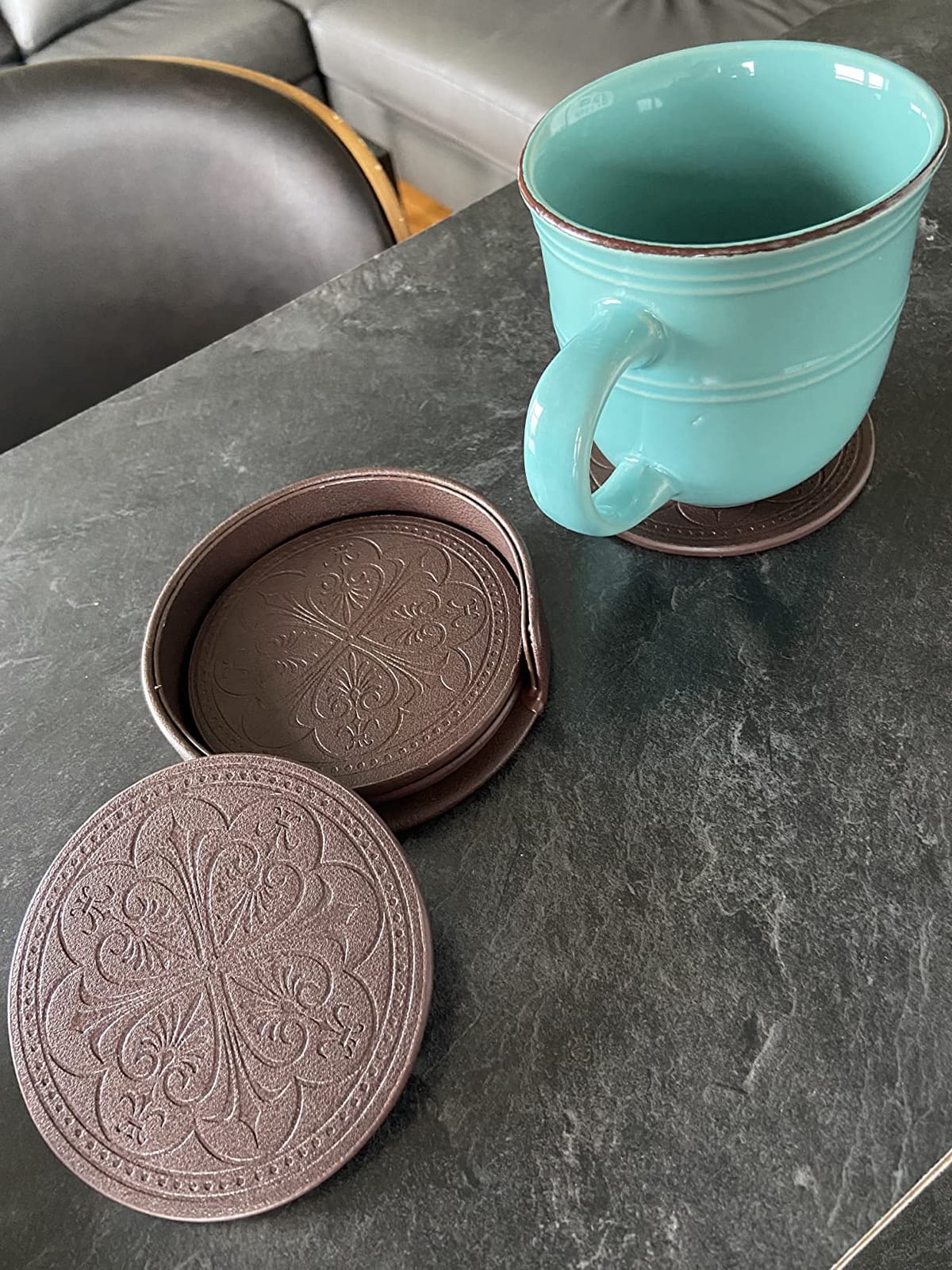 Drink Coasters,PU Leather Bar Beer Beverage Coaster for Drinks Set of 6 with Holder Coasters for Wooden Table Coffee Table Absorbent, Easy Clean Cup Coaster Easter Housewarming Gifts customer photo 1