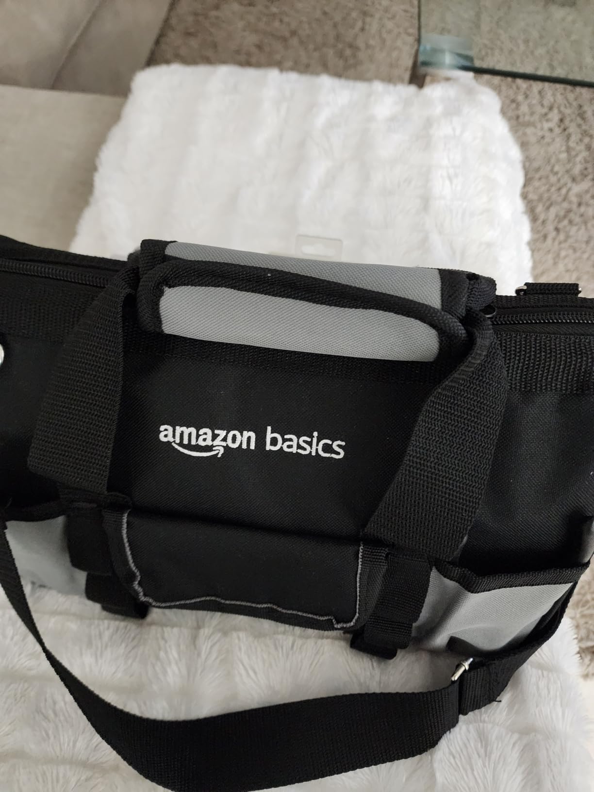 Amazon Basics Durable Wear-Resistant Tool Storage Bag with Adjustable Shoulder Strap, Portable Tool Organizer, 16 in, Black & Grey customer photo 1