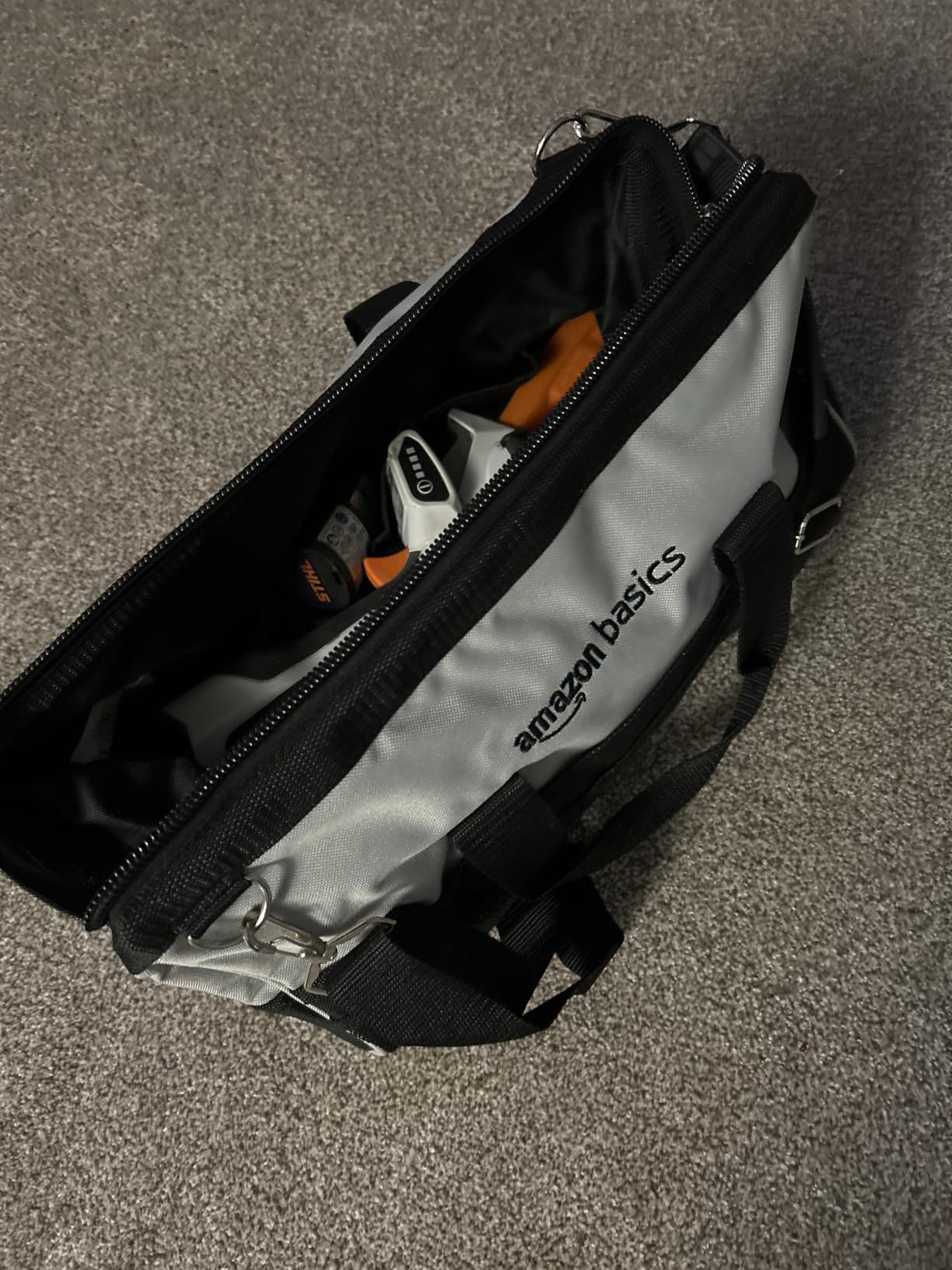 Amazon Basics Durable Wear-Resistant Tool Storage Bag with Adjustable Shoulder Strap, Portable Tool Organizer, 16 in, Black & Grey customer photo 2