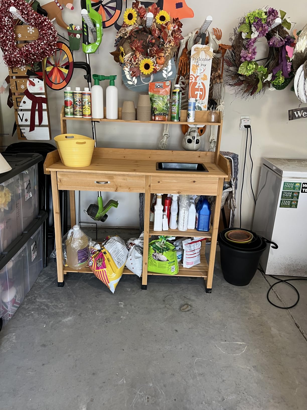 Yaheetech Potting Bench with Sink & Drawer, Outdoor Gardening Table, Gray | Fir wood planting table with 132 lb weight capacity, basin, storage drawer, shelves and hooks keeps pots and tools organized. customer photo 1