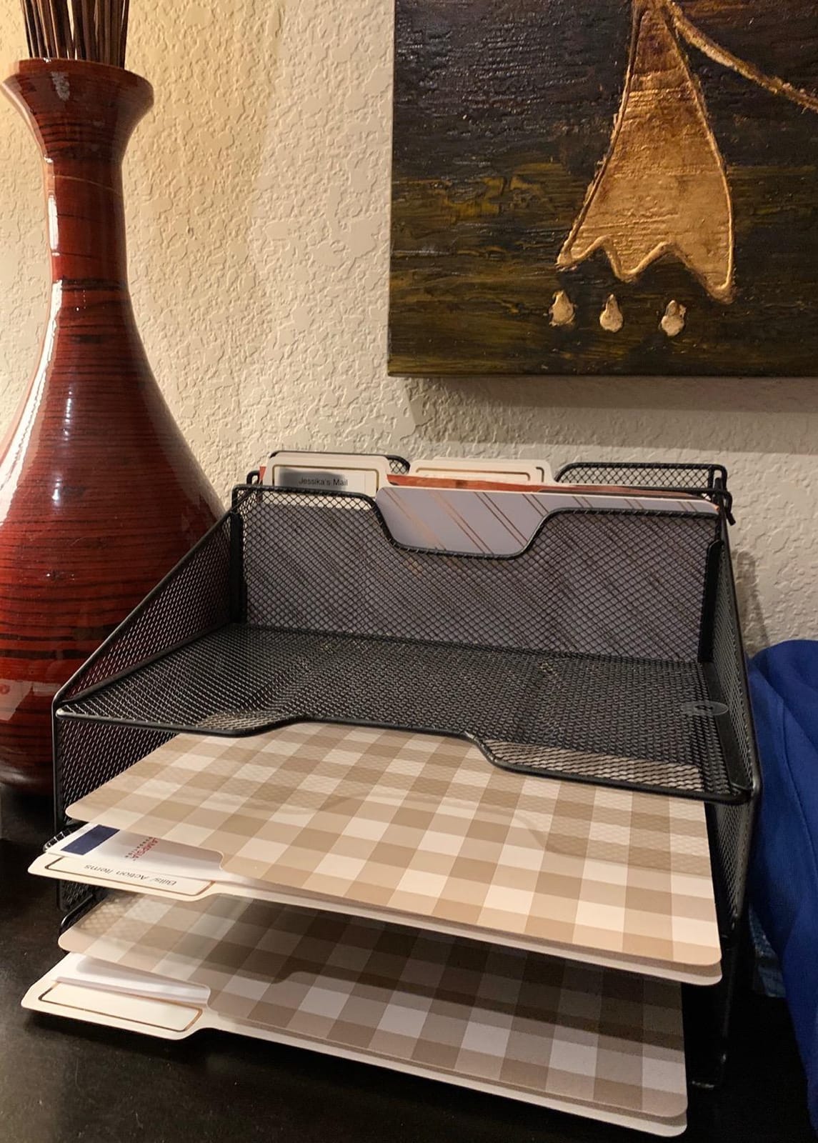 Samstar Desk File Organizer, Mesh Letter File Folder Holder with 3 Paper Trays and 2 Vertical Upright Section, for Office Supplies,Desk Accessories & Workspace,Black. customer photo 2