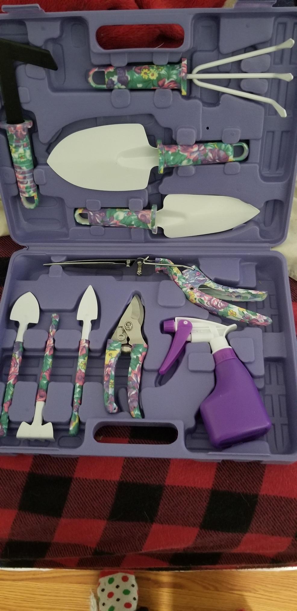Garden Tools Set, JUMPHIGH 10 Pieces Gardening Tools with Floral Print, Ergonomic Handle Trowel Rake Weeder Pruner Shears Sprayer, Garden Hand Tools with Carrying Case Gardening Gifts for Women Father customer photo 2