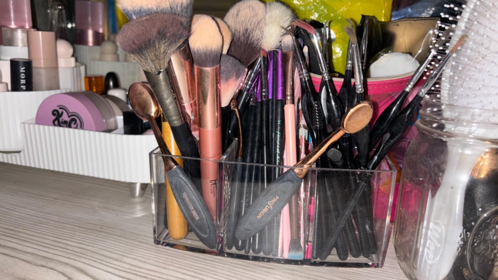 Acrylic Makeup Brush Organizer Holder Clear Cosmetic Brushes Storage with 3 Slots customer photo 1