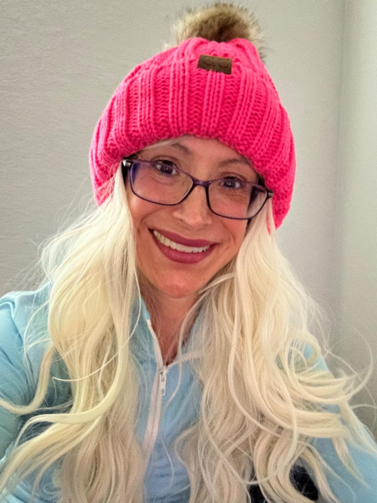 C.C Thick Cable Knit Faux Fuzzy Fur Pom Fleece Lined Skull Cap Cuff Beanie customer photo 2