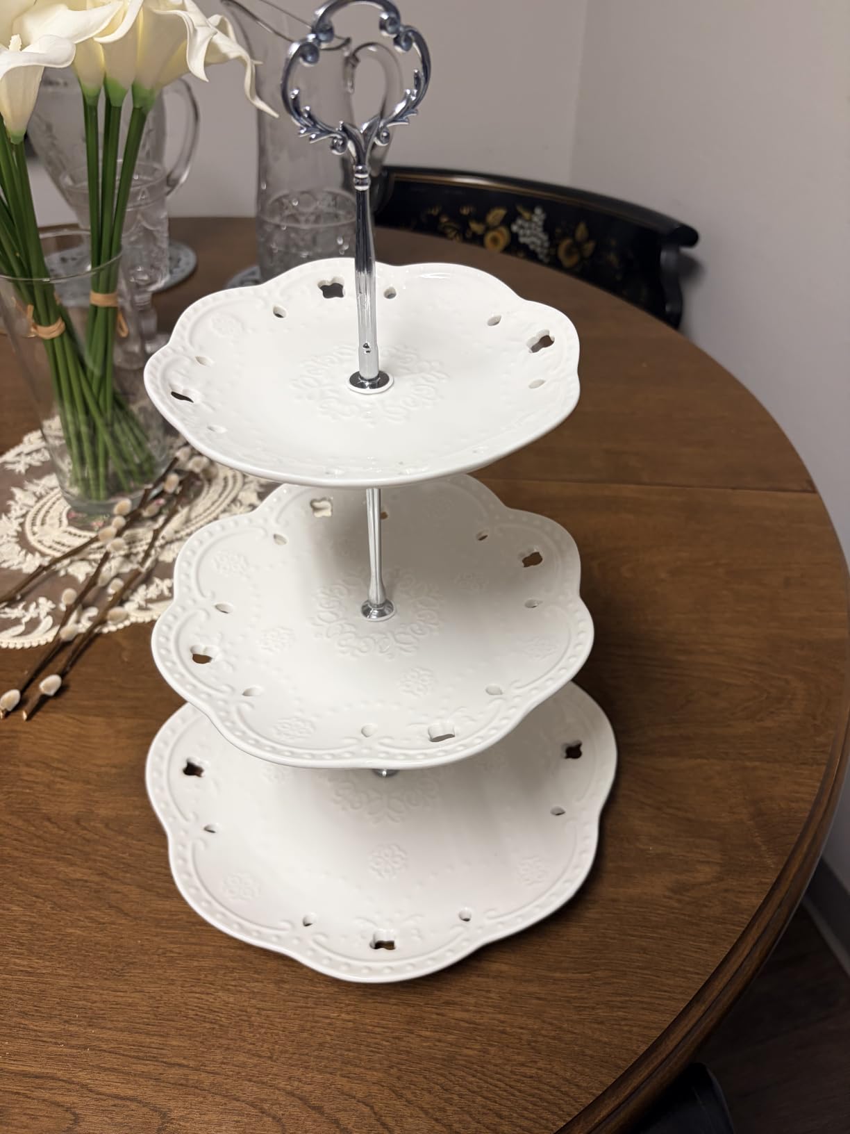 3-Tier Porcelain Cupcake Stand Serving Tray - White Embossed Elegant Dessert Cake Stand - Pastry Serving Stand for Tea Party, Wedding and Birthday customer photo 2