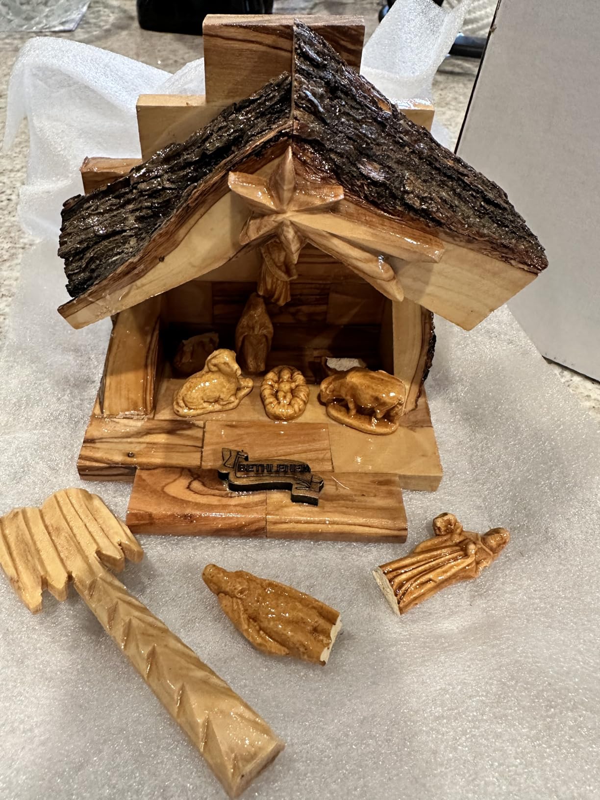 Olive Wood Nativity Set with Figurines – Natural Bark Roof Stable – Handmade Christian Christmas Decoration – Holy Land Gift – Made in Bethlehem – Religious Manger Scene Display customer photo 2