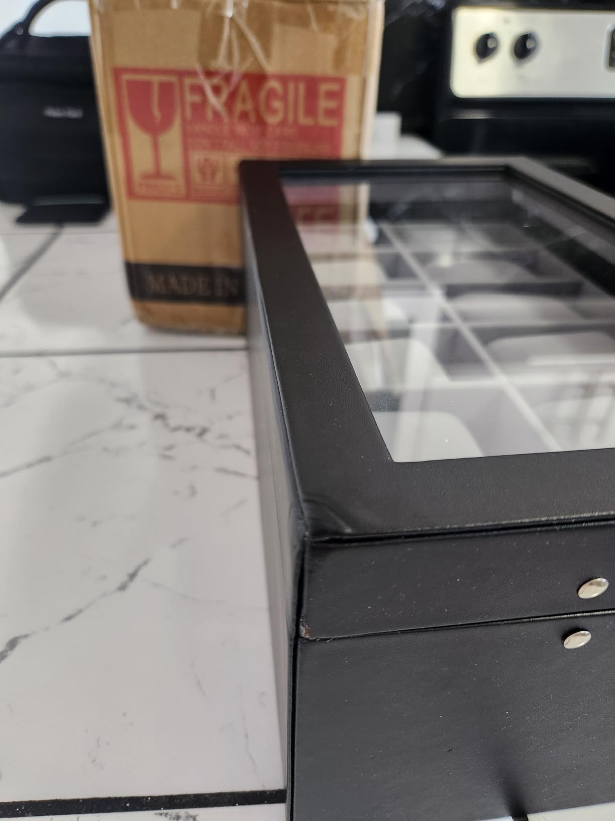 GUKA 12-Slot Watch Box Organizer with Glass Lid, 2-Tier Leather Case | 12 watch slots and a second tier store watches, rings, jewelry, sunglasses and accessories; a practical gift for men. customer photo 1