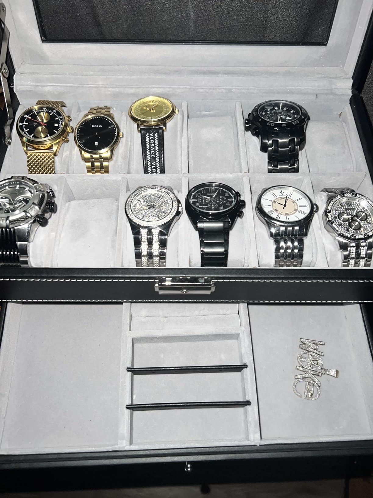 GUKA 12-Slot Watch Box Organizer with Glass Lid, 2-Tier Leather Case | 12 watch slots and a second tier store watches, rings, jewelry, sunglasses and accessories; a practical gift for men. customer photo 2