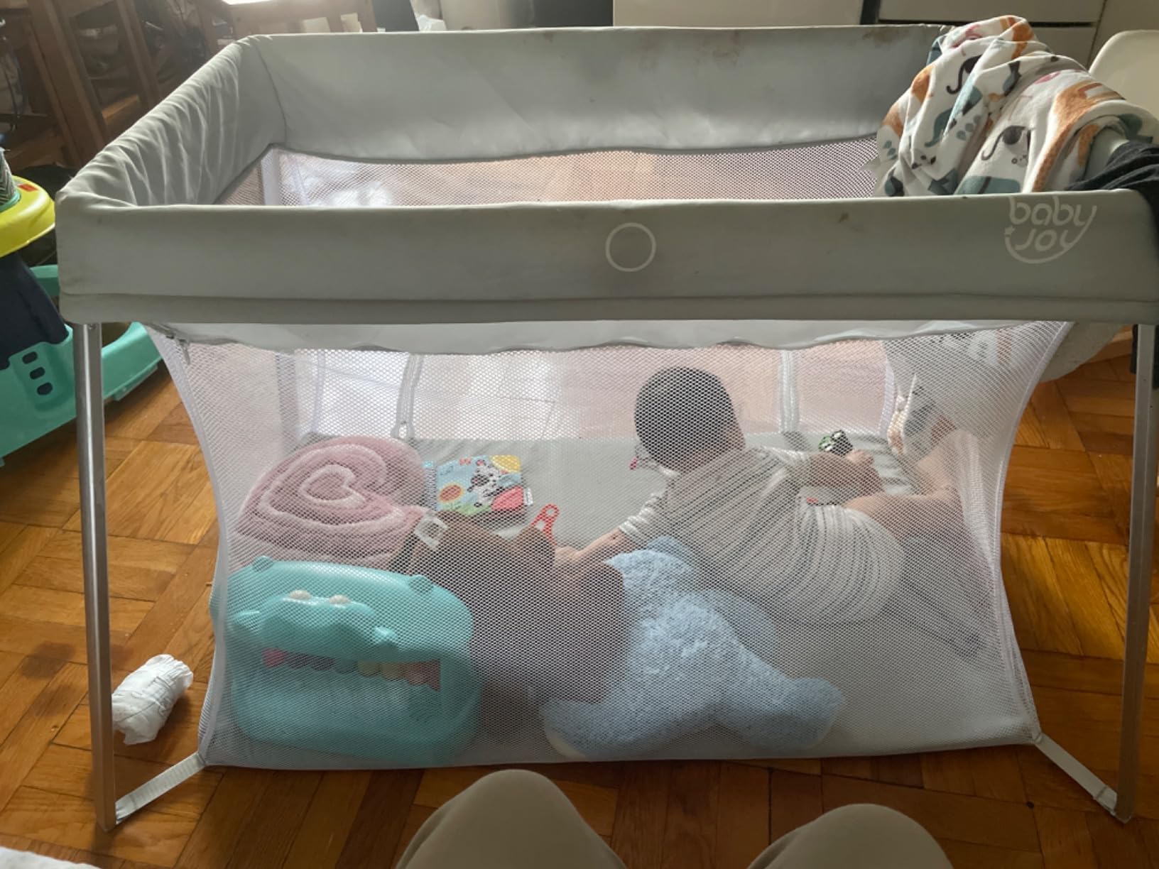 BABY JOY 2 in 1 Travel Crib with Side Zipper, Portable Baby Playard with Soft Washable Mattress customer photo 2