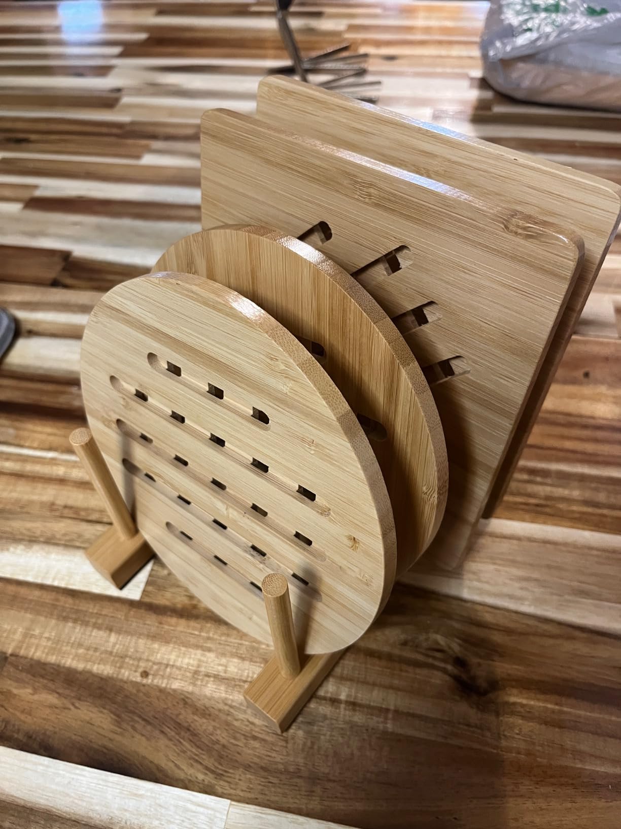 Bamboo Trivet Kitchen Bamboo Hot Pads Trivet Natural Bamboo Trivet Mat Set for Hot Dishes/Pot/Bowl/Teapot/Hot Pot Holders 2 Square 2 Roundness 1 Storage Rack customer photo 2