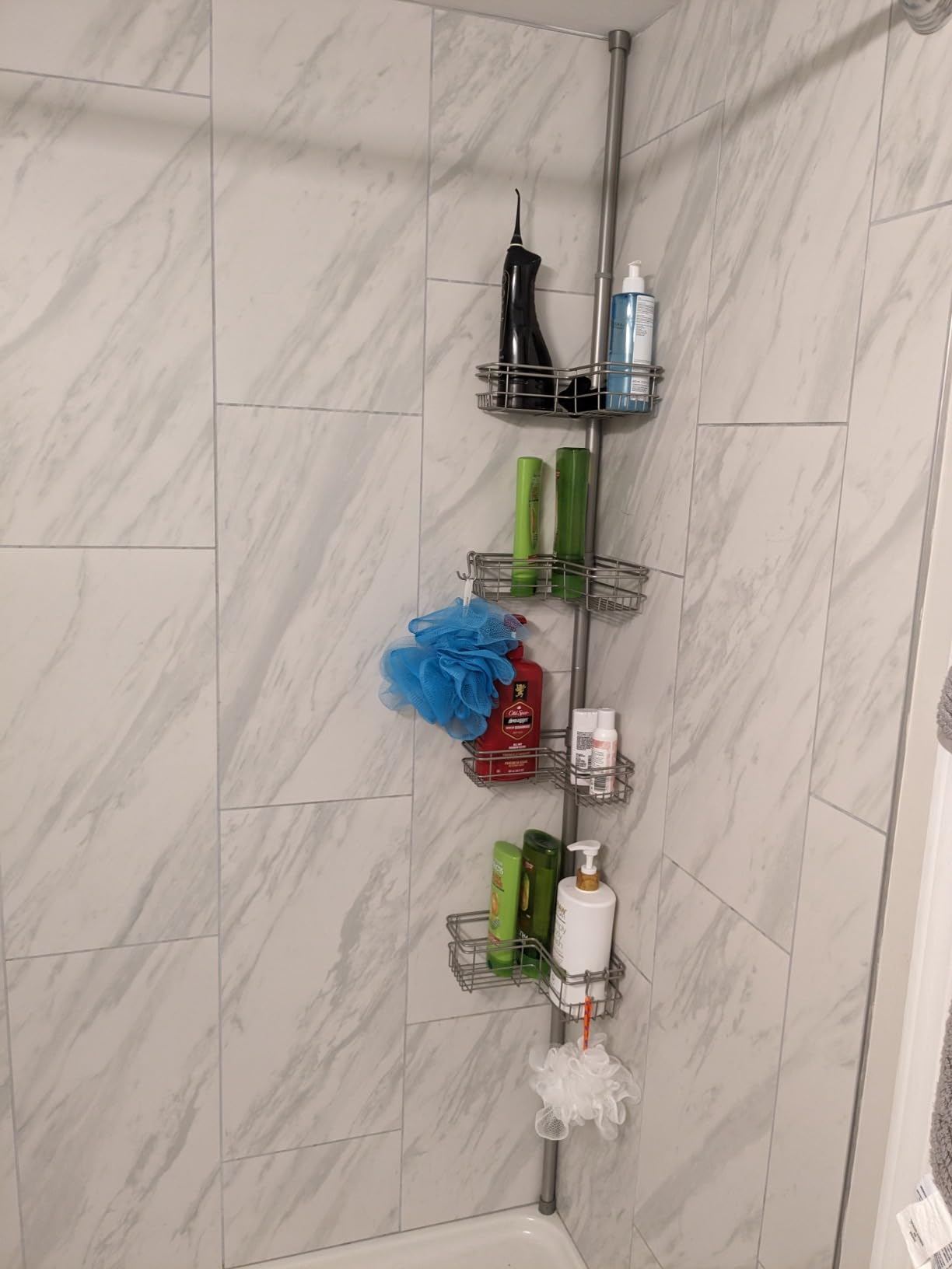 Zenna Home Tension Pole Shower Caddy Corner Organizer, Adjustable Standing Shower Caddy with 4 L-shaped Baskets and Hooks, Rust Resistant Bathroom Tension Rod Organizer, 60 to 97 Inch, Satin Nickel customer photo 2