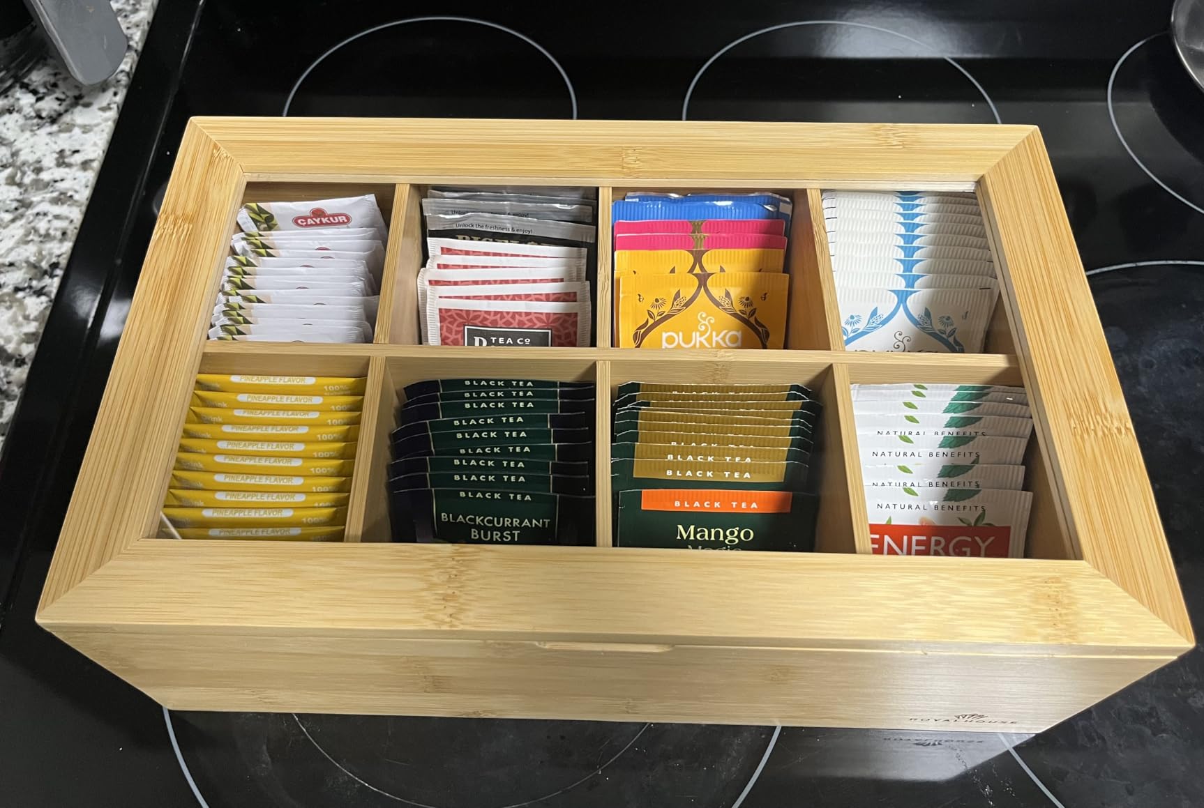 Natural Bamboo Tea Storage Organizer, Clear Acrylic Top, 12 Compartments customer photo 1