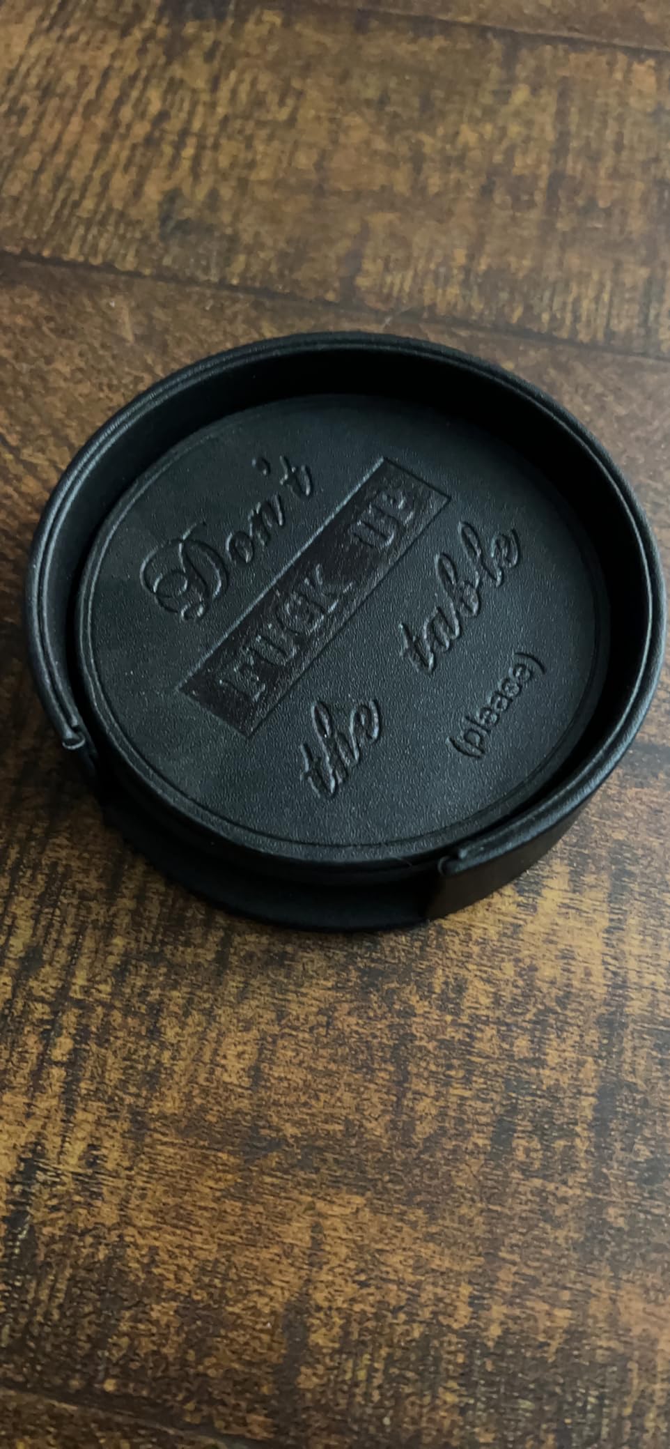 Funny Coasters, Thipoten 6 Pcs Leather Coasters with Holder, Perfect Housewarming Hostess Gifts, Protect Furniture from Water Marks Scratch and Damage(6Pcs, Black) customer photo 2