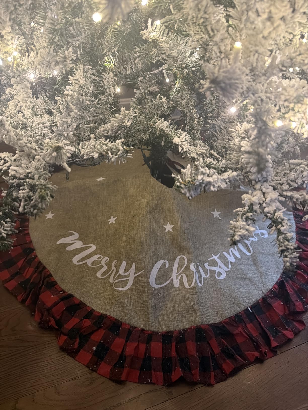 AISENO 48 Inch Christmas Tree Skirt Linen Burlap Buffalo Plaid Edge Decoration for Merry Christmas Party Red and Black Buffalo Christmas Tree Skirt Decorations customer photo 1