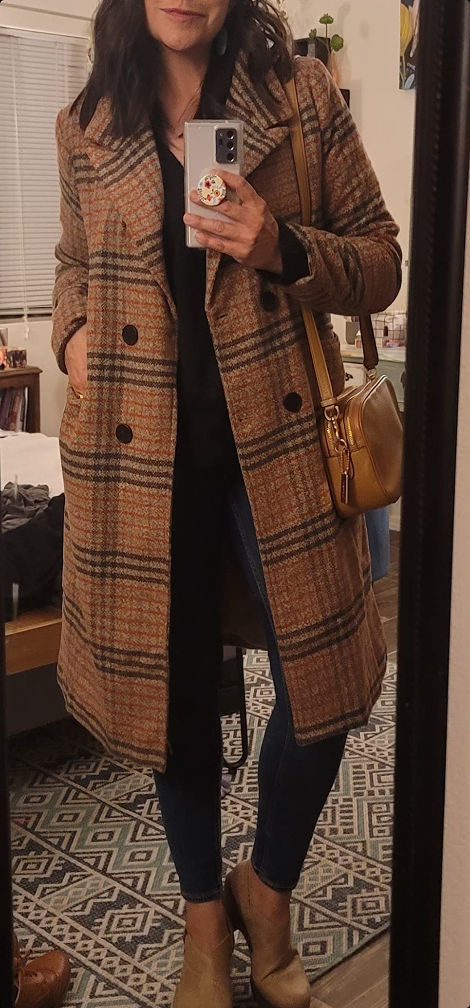 CHARTOU Women's Winter Oversize Lapel Collar Woolen Plaid Double Breasted Long Peacoat Jacket customer photo 2