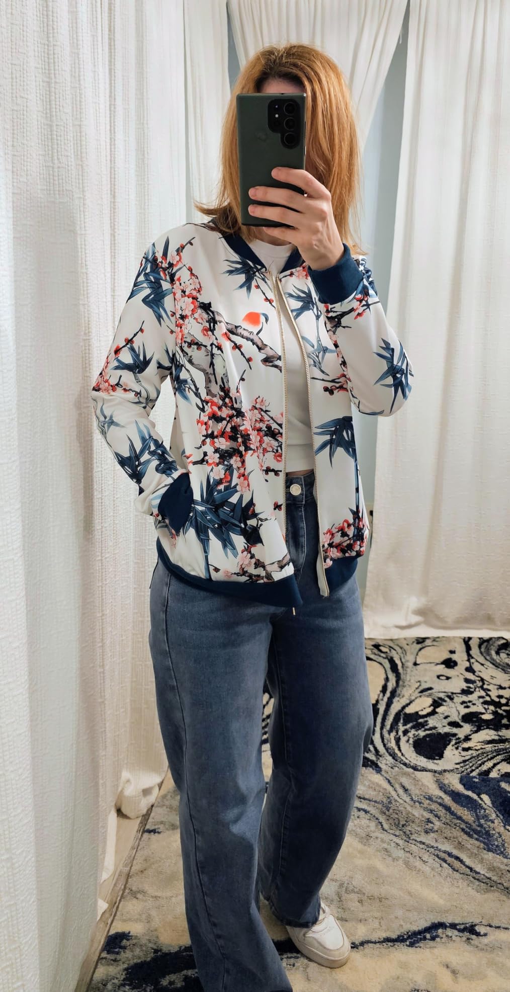 ECOWISH Women's Casual Floral Zip Up Bomber Jacket Lightweight Coat Short No Lining Quilted Outwear Tops Pocket Thin Outfit customer photo 2