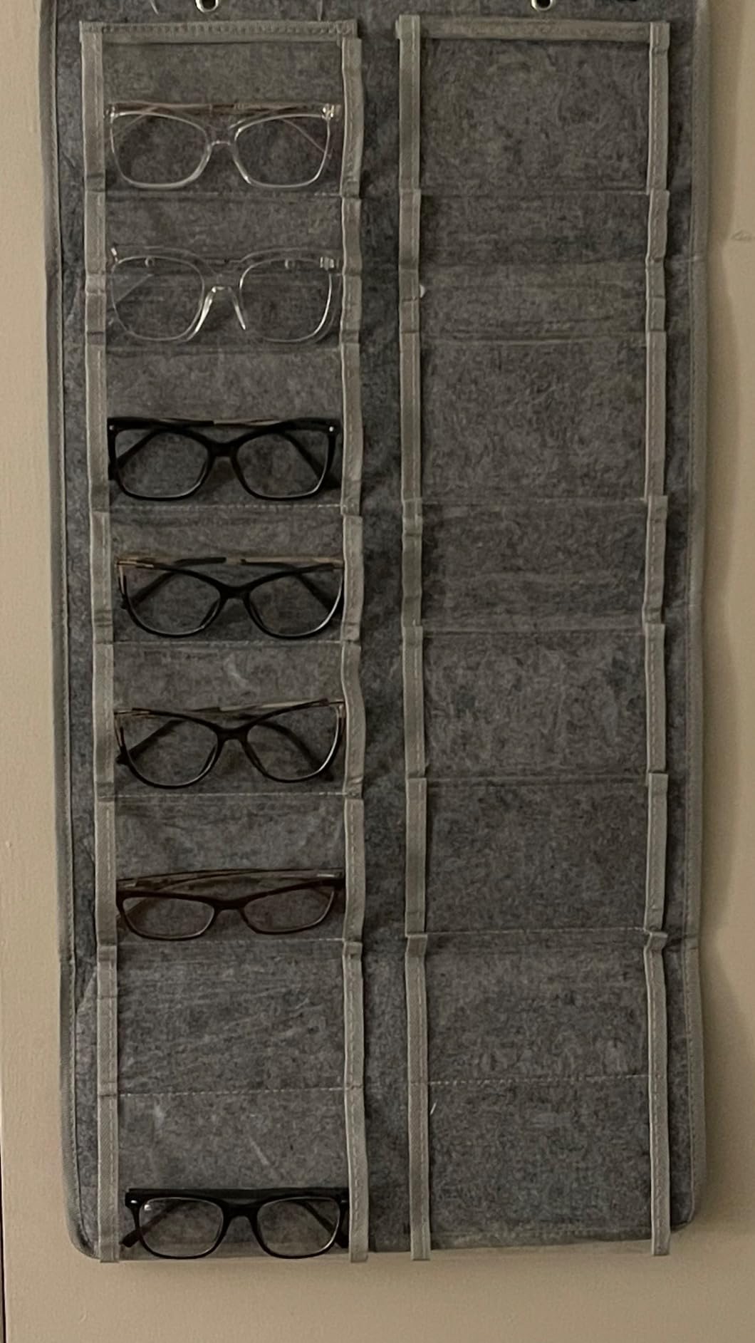 AROUY Sunglasses Organizer Storage, Hanging Dust Proof Wall Pocket Glasses Organizer - 16 Felt Slots Sunglass Organizers Holder with Metal Hook and Sturdy Rope (Gray, Dust Proof) customer photo 2