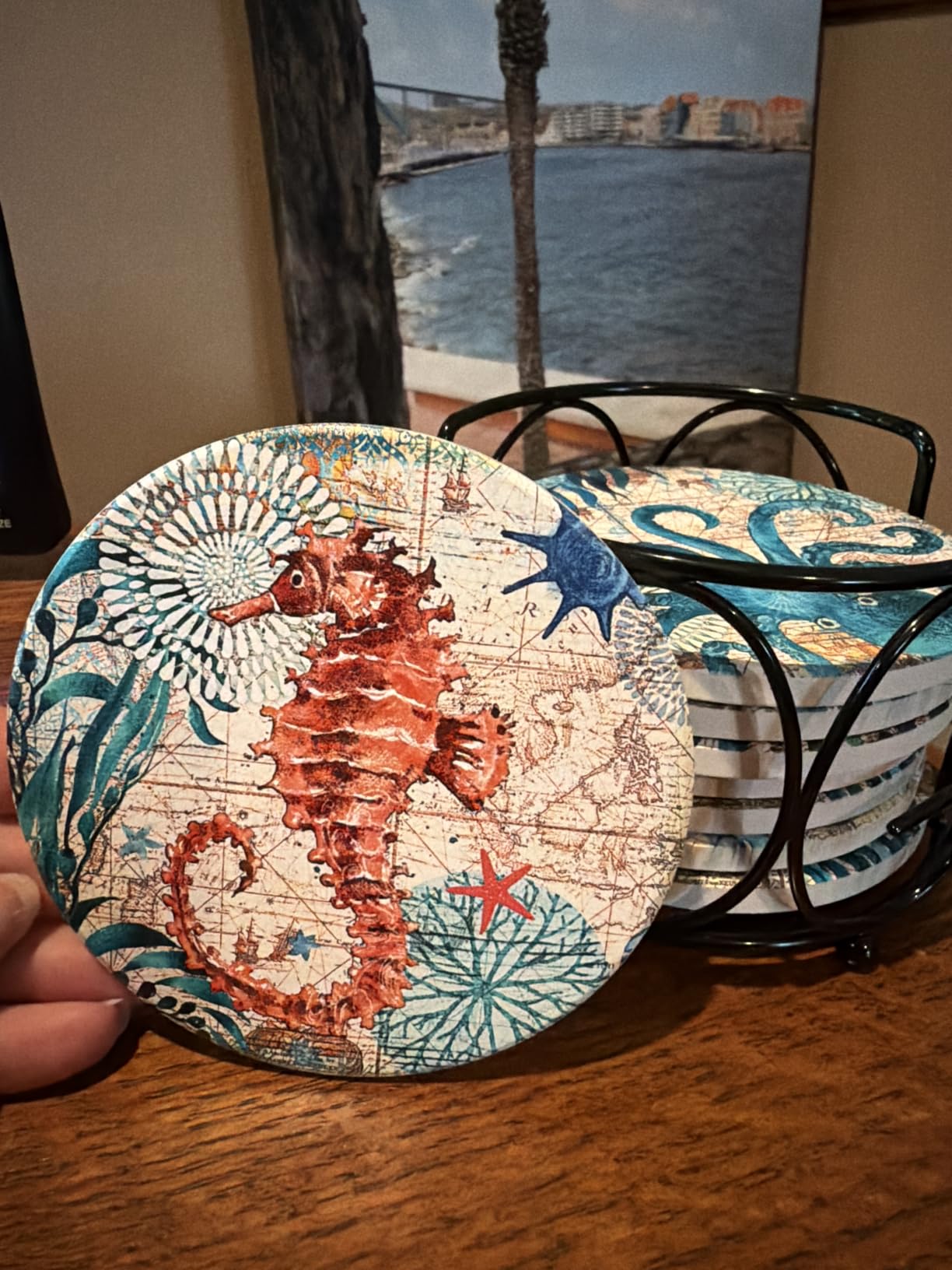 Teivio Absorbing Stone Sea Ocean Life Coasters for Drinks, Cork Base with Holder,Coastal Decor Beach Theme Tropical,for Housewarming Apartment Kitchen Bar Decor, For Wooden Table Coffee table,Set of 8 customer photo 1