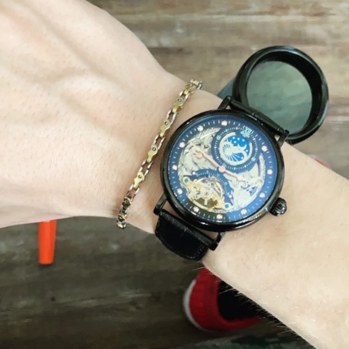 IK COLOURING Bestn Mens Luxury Skeleton Automatic Mechanical Wrist Watches Leather Moon Phrase Luminous Hands Self-Wind Watch customer photo 2