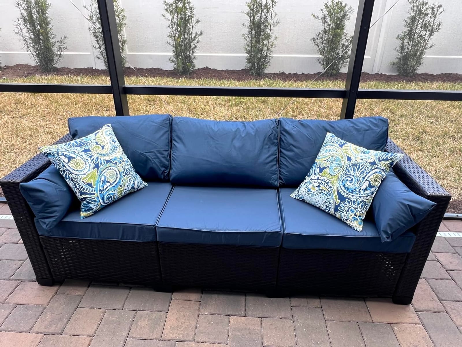 Rattaner 3-Seat Patio Wicker Sofa, Outdoor Rattan Couch Furniture Steel Frame with Furniture Cover and Deep Seat High Back, Blue Anti-Slip Cushion. customer photo 2