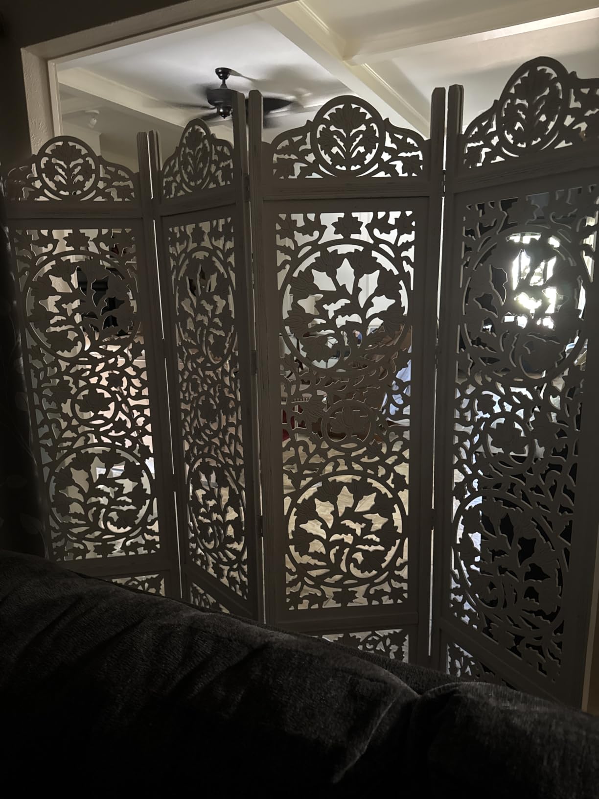 COTTON CRAFT Room Divider Wood Screen - Hand Carved Folding 4 Panels 72x80 | Ghanti Bells Antique Brown - Decorative Functional Assembled Portable Partition - Reversible Boho Freestanding Privacy Screen customer photo 2