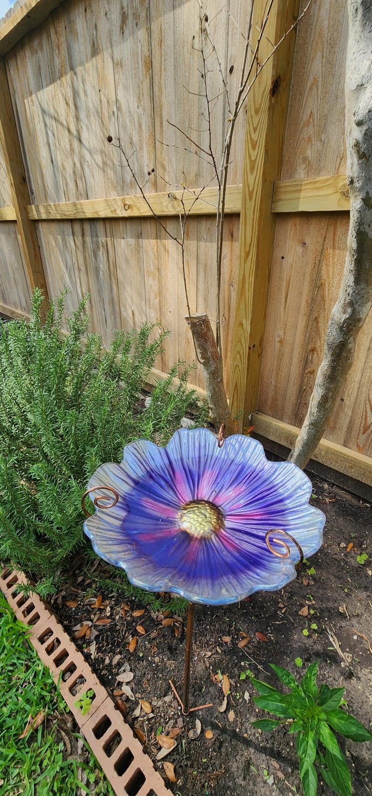 MUMTOP Glass Birdbath Birdfeeder with Metal Stake Garden Yard Outdoor Blue | 31inch height stain glass bird bath for outside,Blue flower bird bath bowl,attract wild birds and beautify outdoor gardens customer photo 2