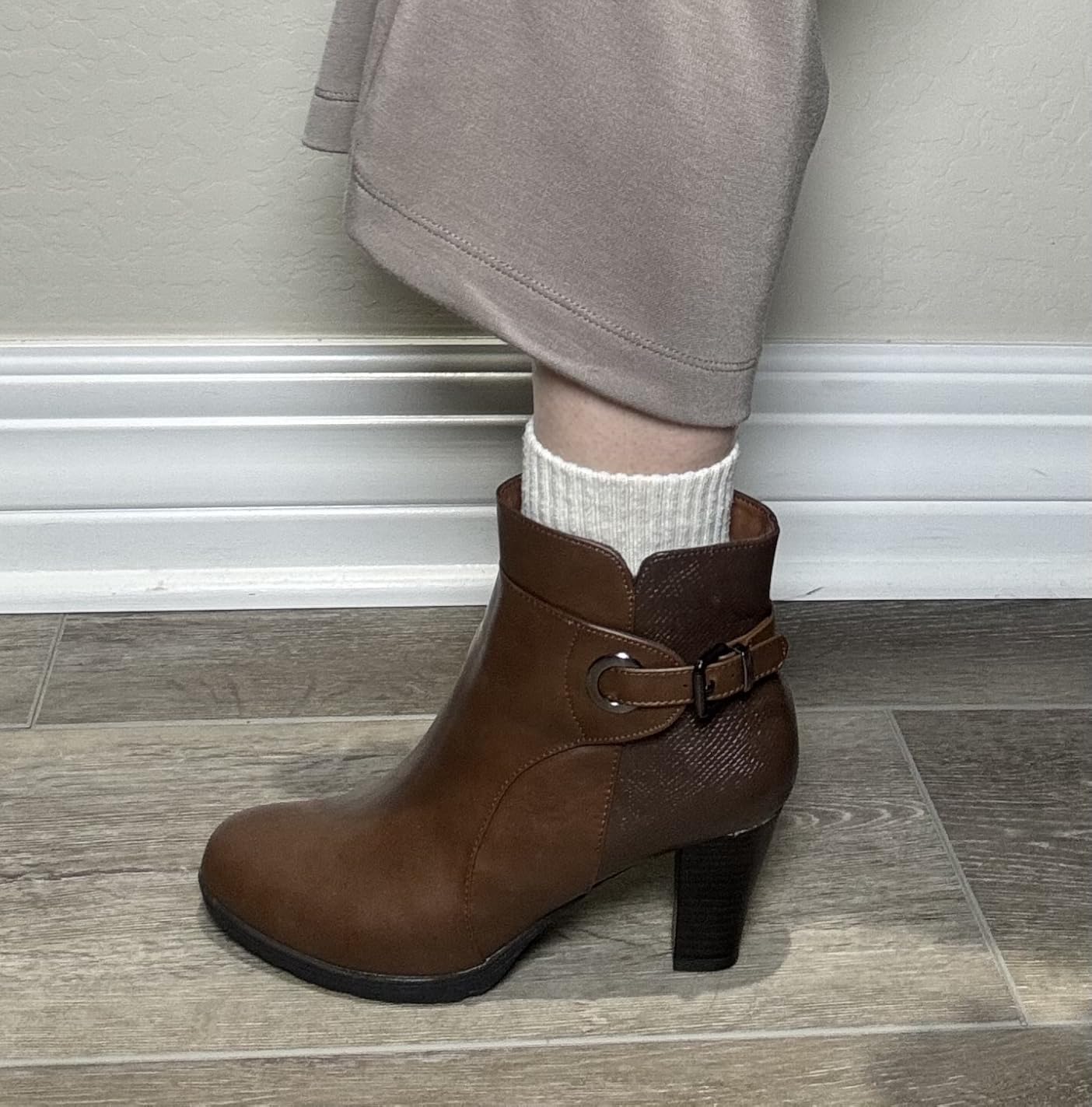 mysoft Women's Chunky Stacked Heel Ankle Boots Zipper Buckle Booties customer photo 1