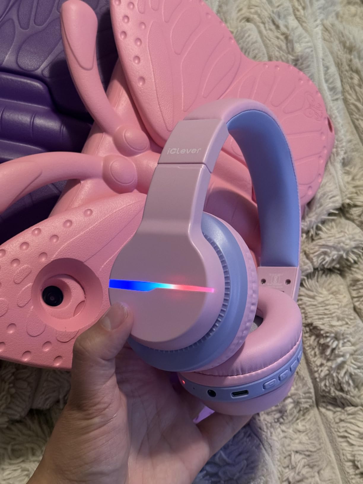 iClever BTH12 Kids Bluetooth Headphones 85H Playtime with LED Lights Travel | SafeSound Tech, Stereo Sound, USB C Charging AUX Cable Over Ear Built-in Mic, Kids Wireless Headphones for Toddler Boys Girls customer photo 1