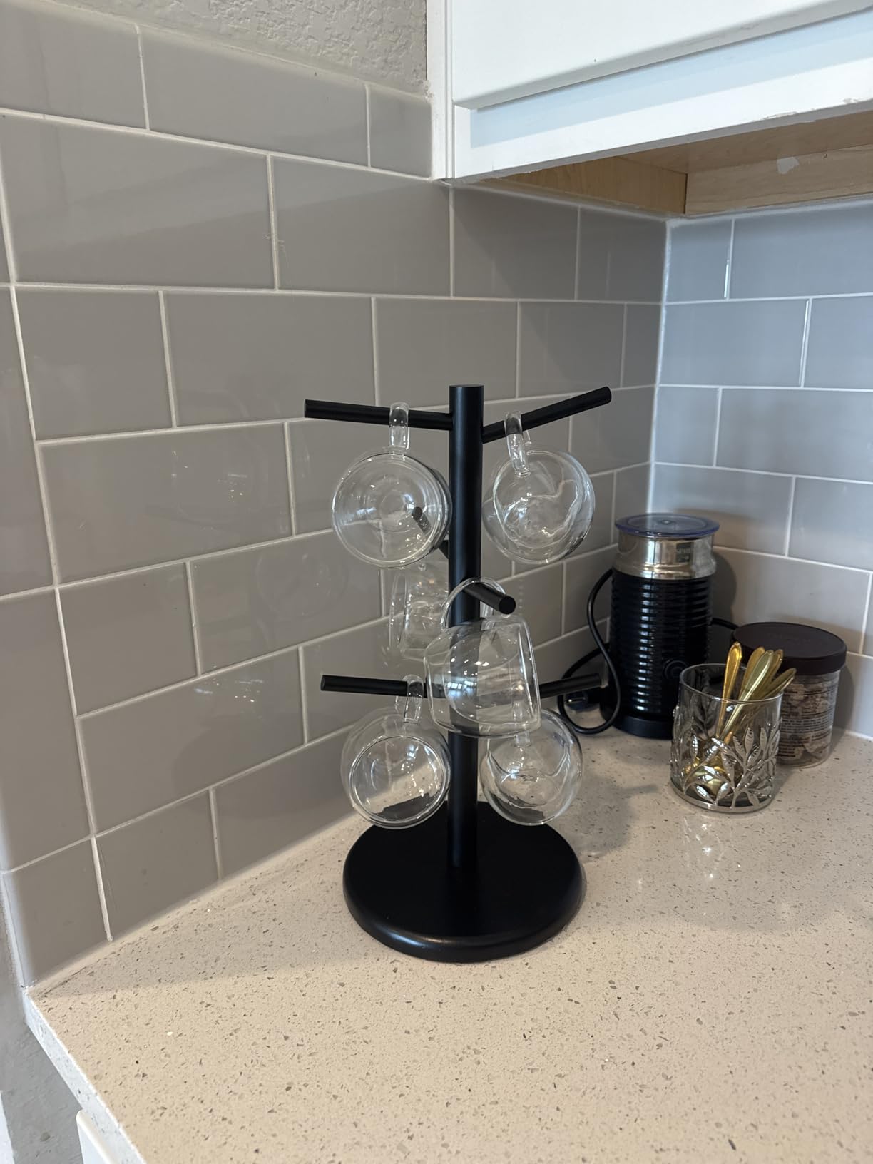 Coffee Mug Holder with 6 Hooks, Bamboo Mug Tree Stand for Countertop, Black customer photo 1