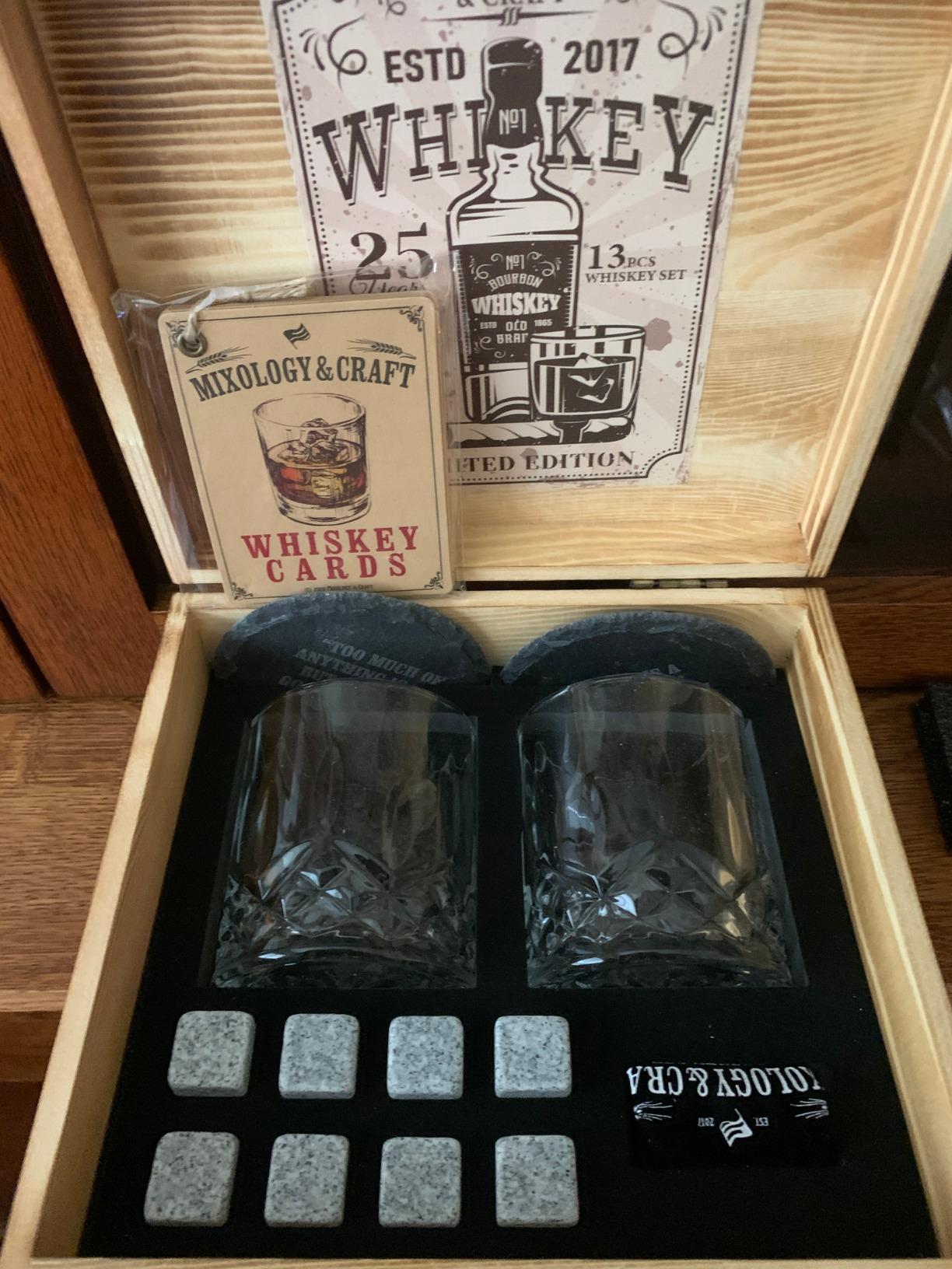 Mixology & Craft Whiskey Stones Gift Set: with Two 10oz Lead-Free Crystal Whiskey Glasses, 8 Whiskey Stones with Velvet Bag, 2 Slate Coasters & Recipe Cards in Wooden Crate | Great customer photo 2