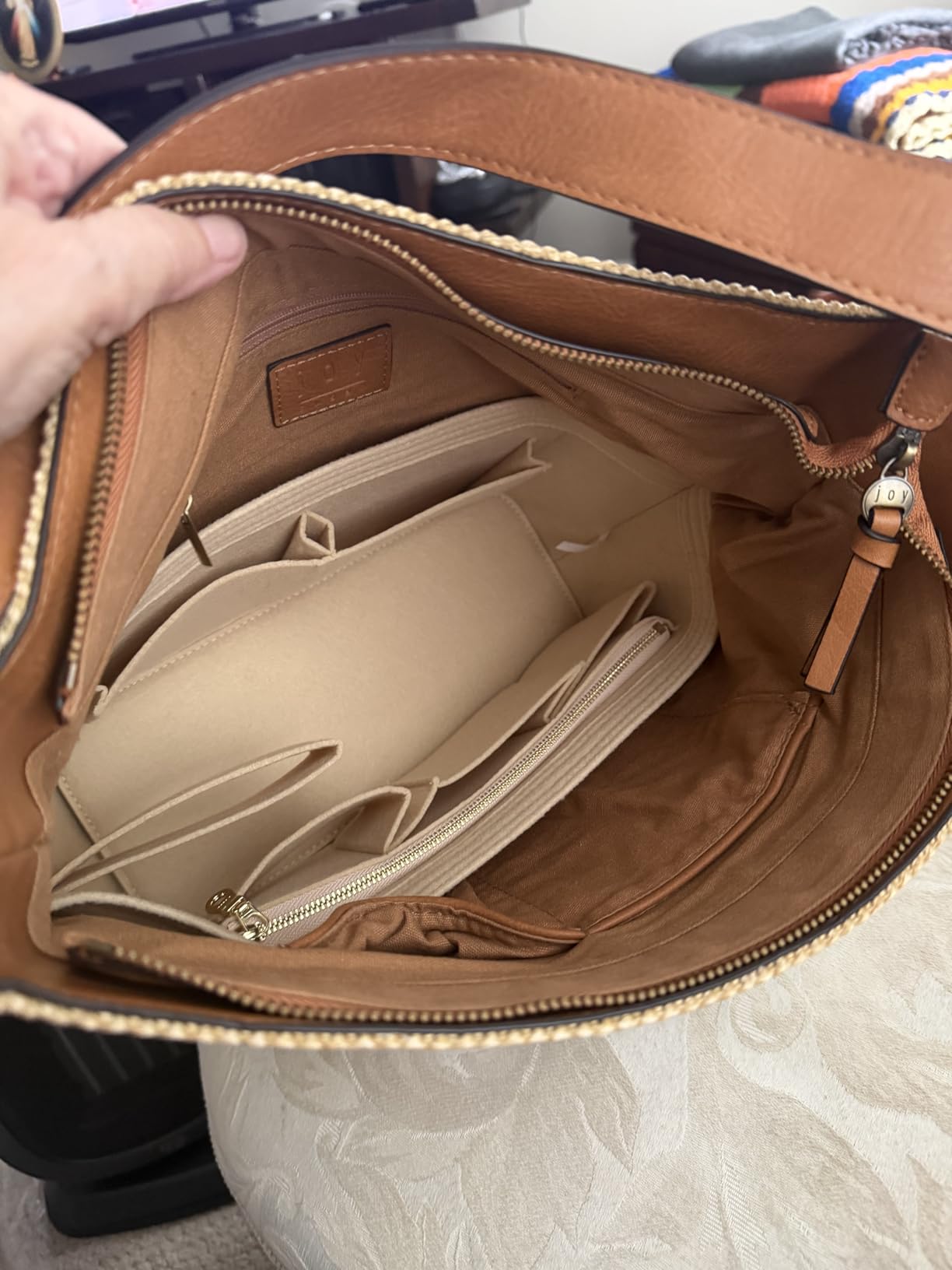 Doxo Purse Organizer Insert for Handbags & Base Shaper 2pc Set, Felt Neverfull MM Organizer Insert, Tote Bag Organizer with Zipper Pocket and Bottle Holder, Fit Speedy 30 Neverfull MM and More,Beige-L customer photo 2