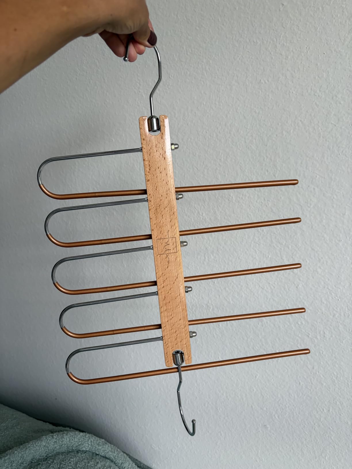 MORALVE Pants Hangers Space Saving - 2 Pack European Beechwood Scarf and Jean Hangers - Closet Organizer and Space Saver Pant Rack, Leggings Hanger, and Scarf Holder with 360° Swivel Hook customer photo 2