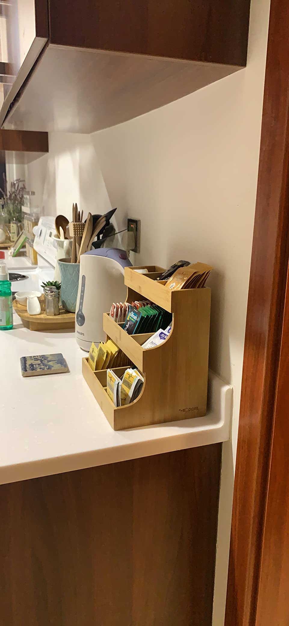 Theodore Tea Bag Organizer – Wooden Tea Organizer and Storage for Home, Kitchen, Office – 180 Tea Bag Holder - Vertical Display Tea Box. Also for Coffee Pods, Sugar, Sweeteners and Creamers. customer photo 1