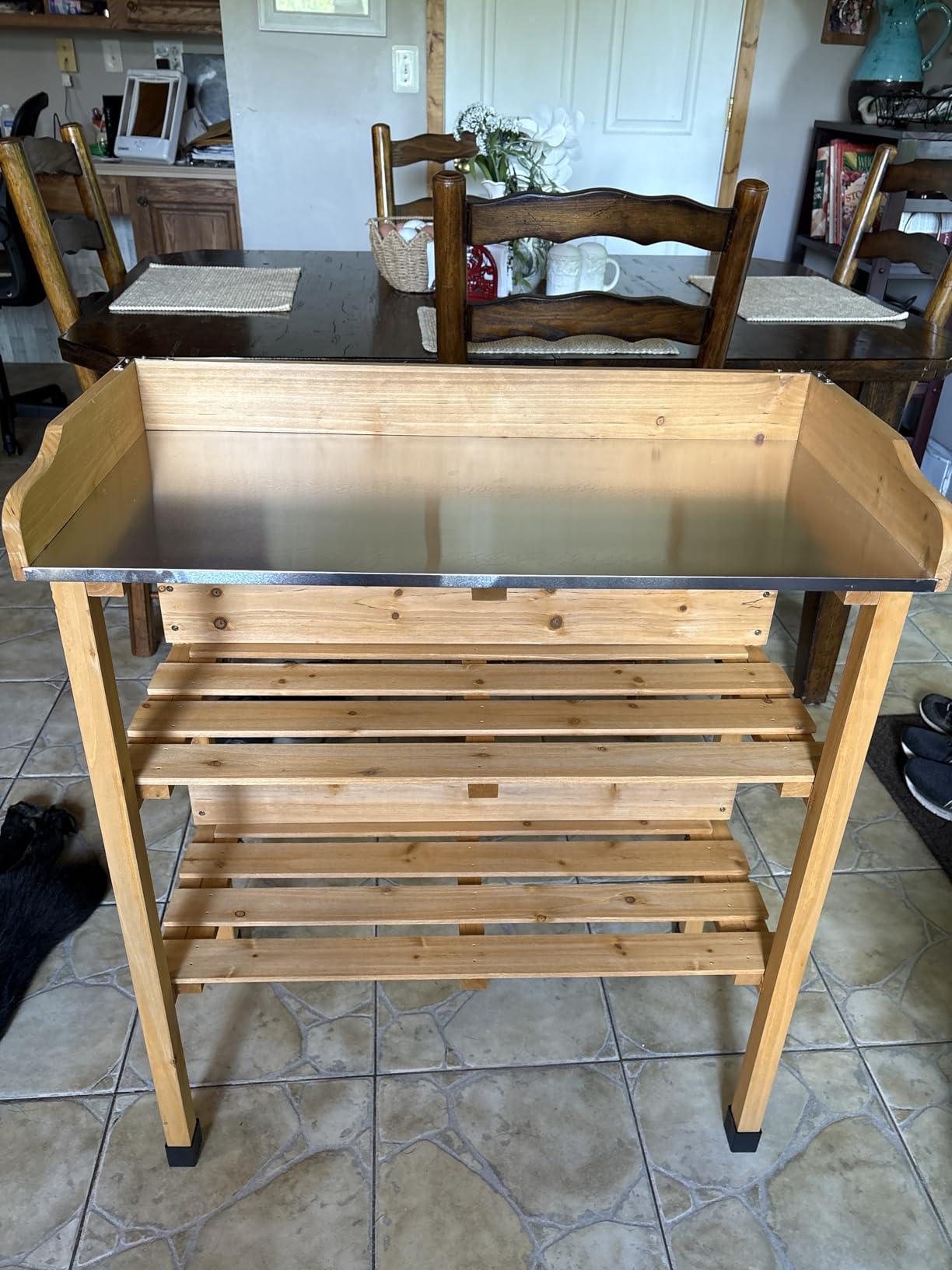 Yaheetech Potting Bench Outdoor Console Table w/3-Tier Storage,Natural Wood | Metal Tabletop, 3-Tier Storage Shelves with Hooks, Outdoor Gardening Table for Planting, Potting and Organizing Garden Tools. customer photo 2