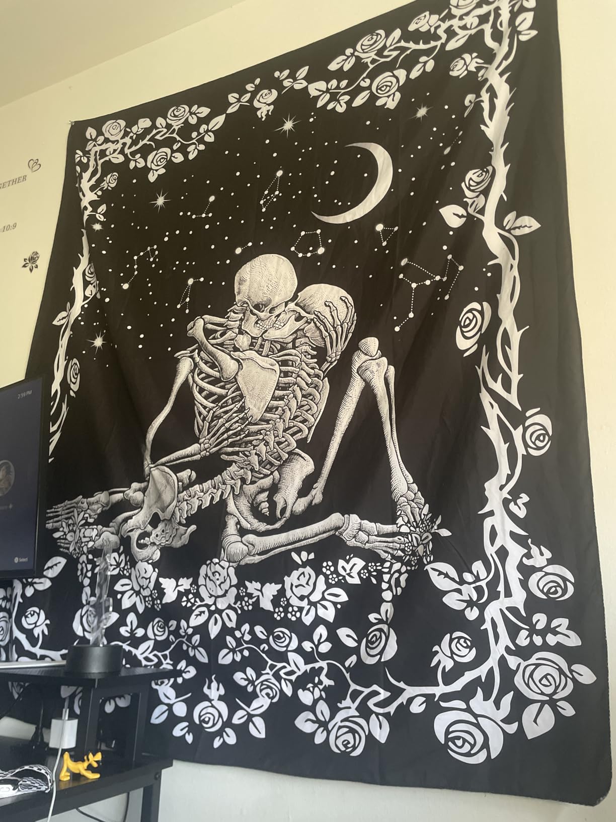 Wonrizon The Lovers Skull Tapestry,Black and White Romantic Constellation Skeleton Tapestries Wall Hanging decor for Living Room Bedroom (51.2”x 59.1”) customer photo 1