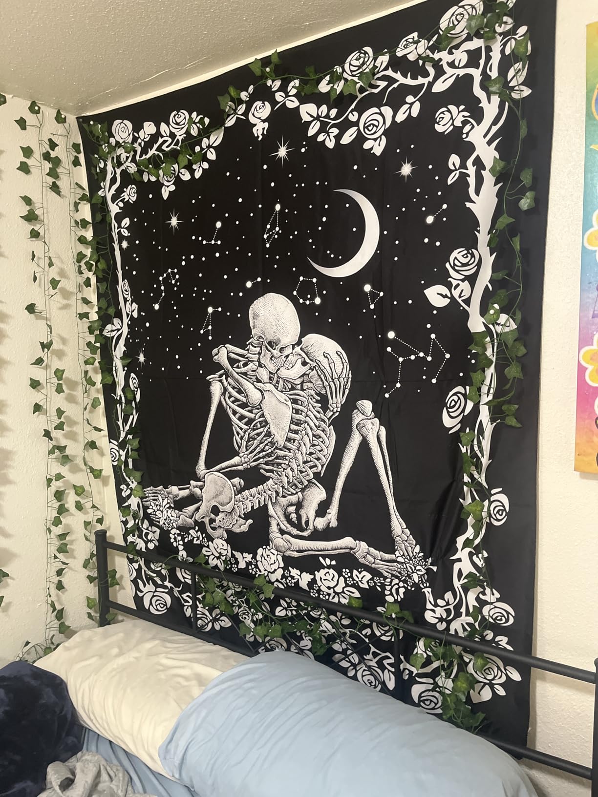 Wonrizon The Lovers Skull Tapestry,Black and White Romantic Constellation Skeleton Tapestries Wall Hanging decor for Living Room Bedroom (51.2”x 59.1”) customer photo 2