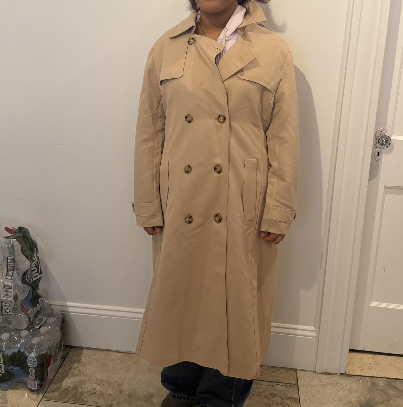 Womens Long Trench Coat Double Breasted Windproof Overcoat With Belt customer photo 2