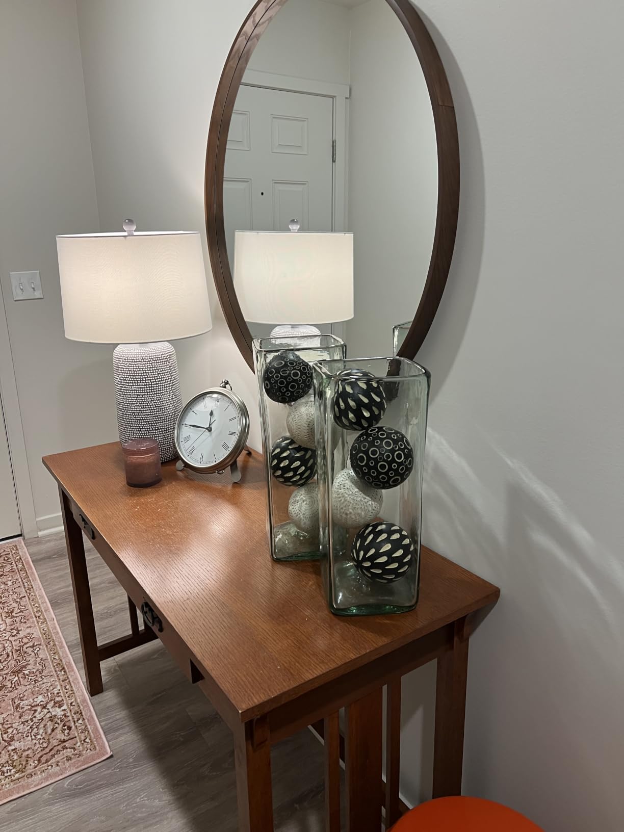 WallBeyond Wood Round Mirror with Wood Frame 24 inch Circle Wall Mirror for Bathroom Round Wall Mirror for Wall Decor, Vanity, Entryway Living Room (Walnut) customer photo 2