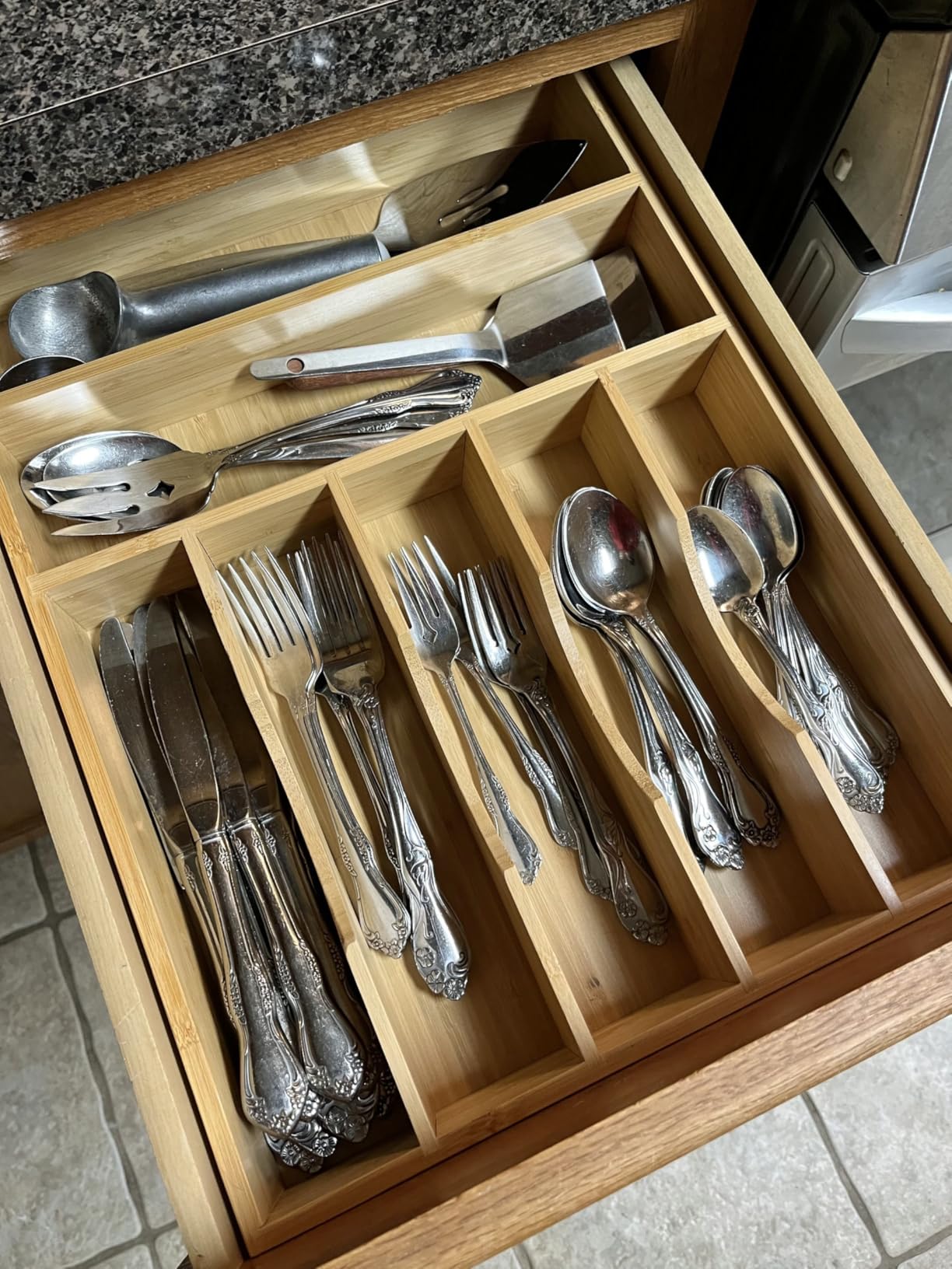 Umilife Bamboo Kitchen Drawer Organizer, 13 Inch Silverware Utensil Tray Holder, Extra Deep Grooved Drawer Divider, 7 Slots Total Bamboo Wood Caddy for Flatware Cutlery Knives, Forks, Spoons customer photo 2