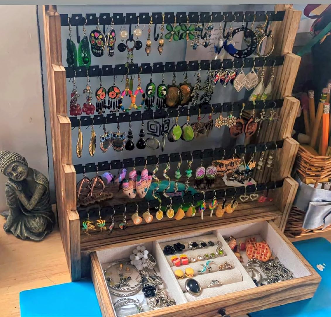 Pinzoveco Earring Organizer, 5 Layer Earring Holder Organizer with Necklace Holder Pole, Rustic Wood Jewelry Organizer Stand Display for Stud Earring Bracelet Necklace Ring, 175 Earring Holes customer photo 1